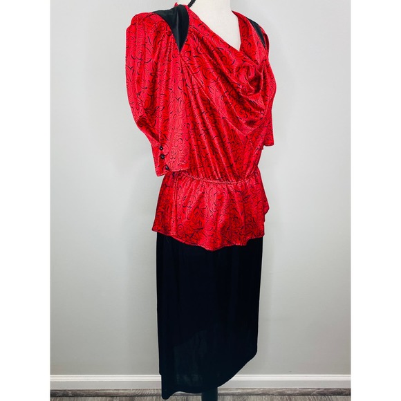 Vintage 80s Draped Peplum Dress Women Small Stretch Secretary Career Date Retro - Picture 3 of 10